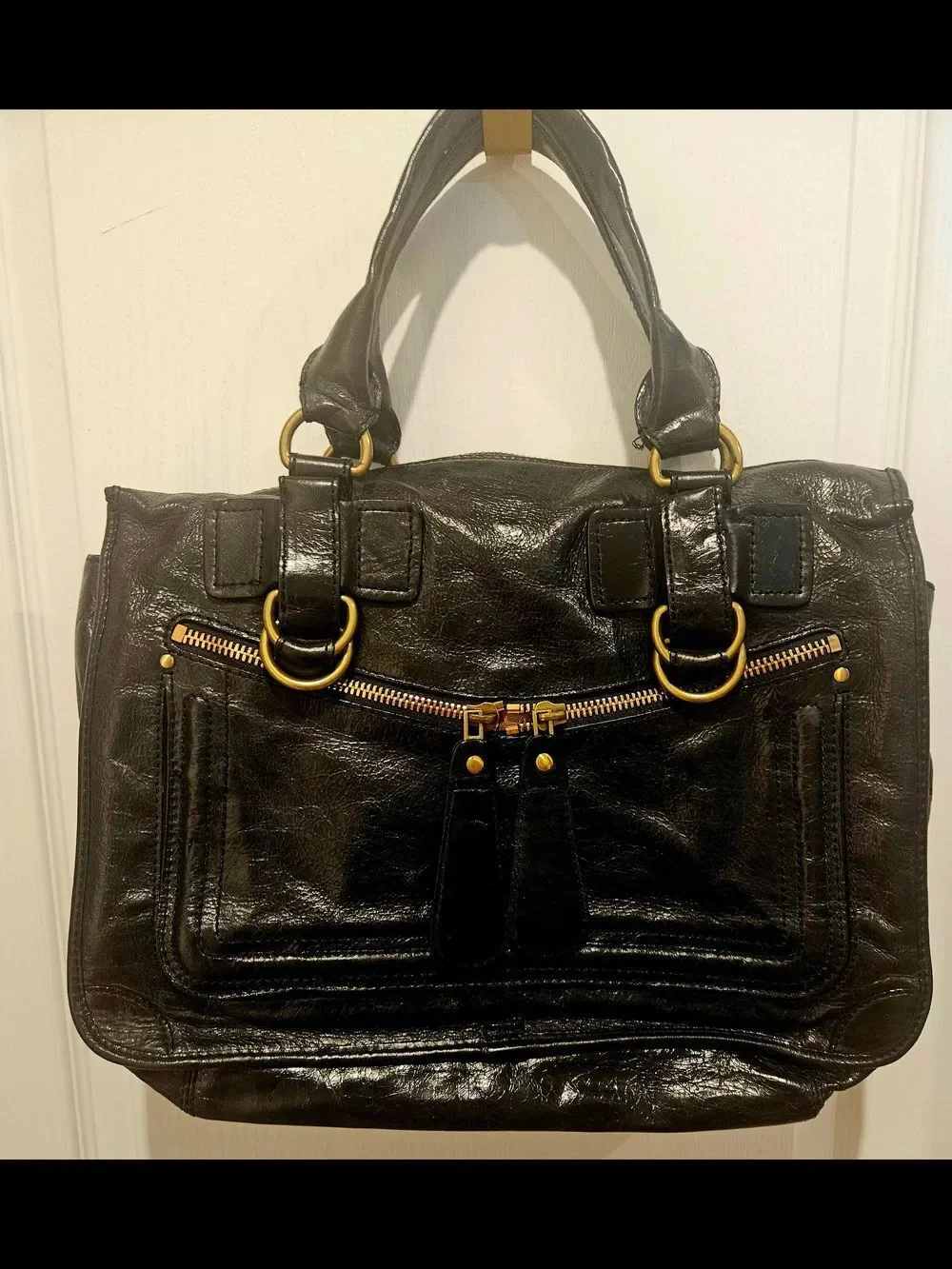 Classic Black Leather Satchel with Gold Hardware